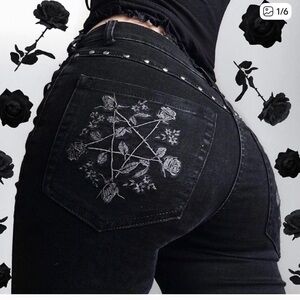 Killstar Flare Black Embroidered Jeans with Rose Design
